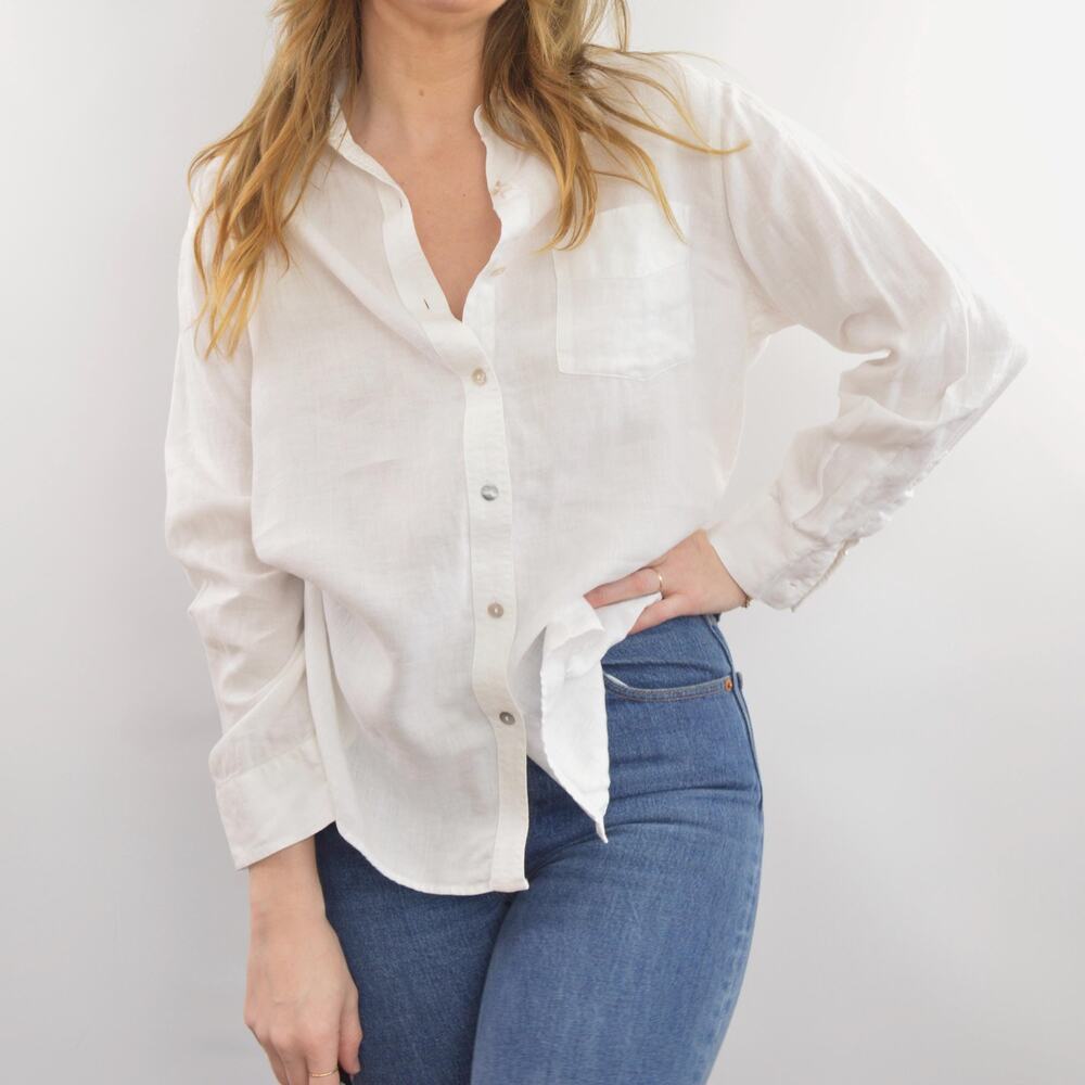perfect flowy white linen button down top